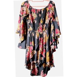 Angie Anthropologie Floral Boho Romper Bell Sleeve High Low Medium NWOT
